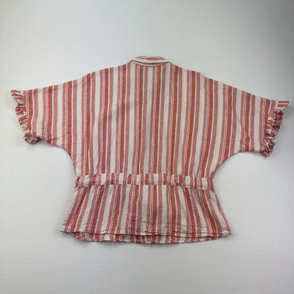 Marc New York Red White Striped Ruffle Sleeve Belted Button Shirt Top S Linen - Picture 5 of 8